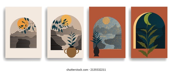 Modern poster with minimalist design elements . Window and arch in Boho style  . Wall art , home deco . Vector abstract shape.