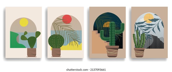 Modern poster with minimalist design elements . Window and arch in Boho style  . Wall art , home deco . Vector abstract shape.