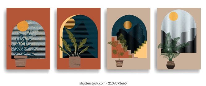 Modernes Plakat mit minimalistischen Design-Elementen. Fenster und Bogen im Boho-Stil. Wall Art , Home Deco . Abstrakte Vektorform.