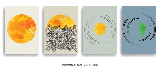 Afiche moderno con elementos de diseño minimalista. Grunge círculos texturados al estilo Boho . Arte mural, deco doméstico. Forma abstracta del vector.