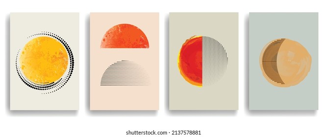 Modern poster with minimalist design elements . Grunge textured circles in Boho style  . Wall art , home deco . Vector abstract shape.