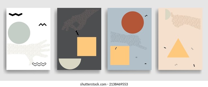 Modern poster with minimalist design elements and hands in Boho style . Wall art , home deco . Vector abstract shape.