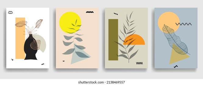 Modern poster with minimalist design elements and hands in Boho style . Wall art , home deco . Vector abstract shape.