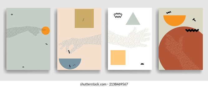 Afiche moderno con elementos de diseño minimalista y manos en estilo Boho . Arte mural, deco doméstico. Forma abstracta del vector.