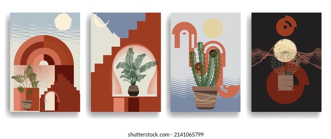 Modern poster with minimalist design elements . Window and arch in Boho style  . Wall art , home deco . Vector abstract shape.