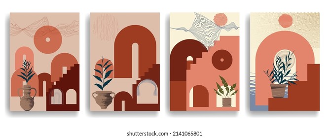 Afiche moderno con elementos de diseño minimalista. Ventana y arco al estilo Boho . Arte mural, deco doméstico. Forma abstracta del vector.