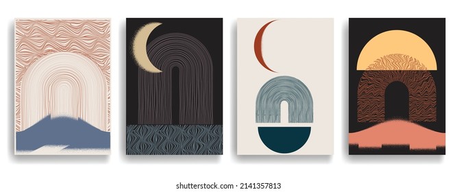 Afiche moderno con elementos de diseño minimalista. Ventana y arco al estilo Boho . Arte mural, deco doméstico. Forma abstracta del vector.