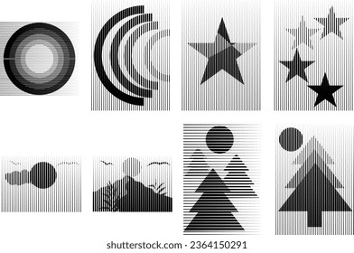 Afiche moderno con elementos de diseño minimalista. Atardecer y pinos. Estilo Boho . Arte mural, deco doméstico. Forma abstracta del vector.