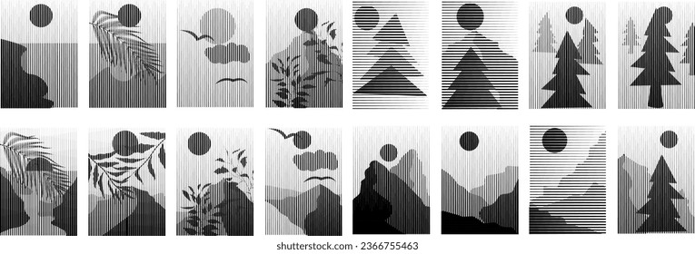 Modern poster with minimalist design elements . Sunset and pine trees . Boho style . Wall art , home deco . Vector abstract shape.