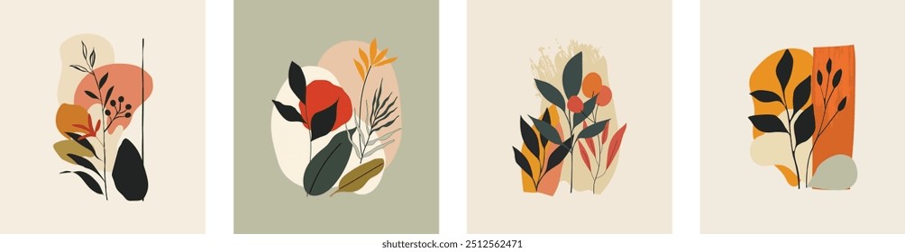 Cartaz moderno com elementos de design minimalista. Folhas, formas orgânicas, tropical em estilo desenhado à mão