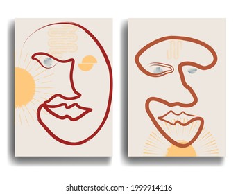 Modern poster with one line face and minimalist design elements . Grunge textured arch in Boho style  . Wall art , home deco . Vector abstract shape.