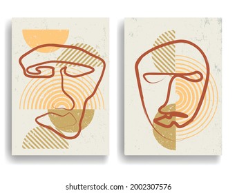 Afiche moderno con una cara de línea y elementos de diseño minimalista. Arco texturado grueso al estilo Boho . Arte mural, deco doméstico. Forma abstracta del vector.