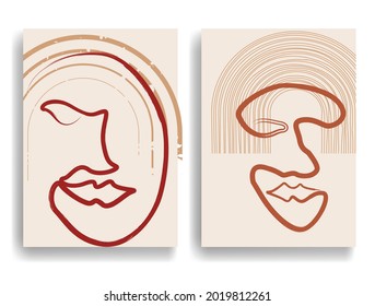Modernes Plakat mit einem einzigen Gesicht und minimalistischen Design-Elementen. Grunge strukturierter Boho-Bogen. Wall Art , Home Deco . Abstrakte Vektorform.