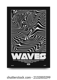 Modern poster with optical black and white waves. In Techno style, print for streetwear, for t-shirts, hoodies, and sweatshirts. Isolated on white background