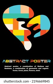 Modern poster with organic and geometric elements in the style of bauhaus and matisse. Vector aesthetic minimalist illustration, creative art, isolated on black background. Mosaic, print, retro.