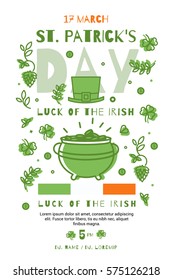 Modern poster for a party St. Patrick. Style Illustration thin line. Flyer in the bar.