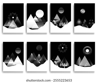 Modern poster with pine trees cover with snow useful for Christmas and New year 2025 cards. Moon, sun, pine tress design elements . Moonlight, snow  hill and pine trees wood in winter. Vector design.