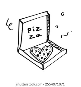 Modern poster placard or clip art with heart shaped pizza. doodle card illustration, childlike naive vector art style.