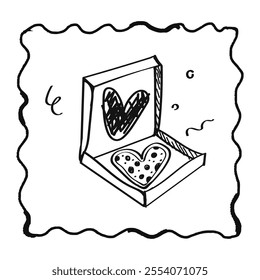 Modern poster placard or clip art with heart shaped pizza. doodle card illustration, childlike naive vector art style.