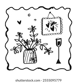 Modern poster placard or clip art with a valentine's day theme. Valentine doodle card illustration with flowers, wall art, wine glass, childlike naive vector art style