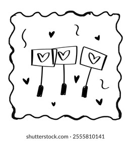 Modern poster placard or clip art with a valentine's day theme. Valentine doodle card illustration with heart posters, fireworks, childlike naive vector art style