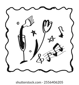 Modern poster placard or clip art with a valentine's day theme. Valentine doodle card illustration with a glass of wine, a flower, notes and music, childlike naive vector art style