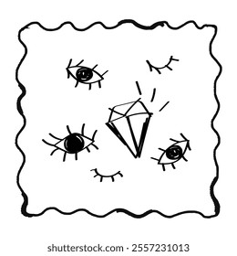 Modern poster placard or clip art with a valentine's day theme. Valentine doodle card illustration with eyes and diamond, childlike naive vector art style