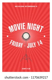 Modern poster, placard or invitation template for movie night or motion picture demonstration with glowing spotlight standing on tripod. Vector illustration for cinematography event advertisement.
