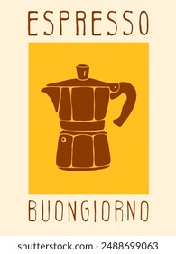 Modern Poster Placard with Moka Espresso Coffee Machine Maker in Block Print Style for Kitchen Bistro Restaurant 