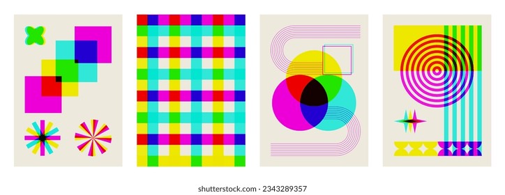 Modernes Poster in rhizographischen Retro-Techniken. Minimalistische Vorlagen boho Linien mit bunten geometrischen Formen. Design-Set für die Abdeckung des Mitteljahrs und des Risografen. Abstrakte Vintage-Drucke. Vektorkunst