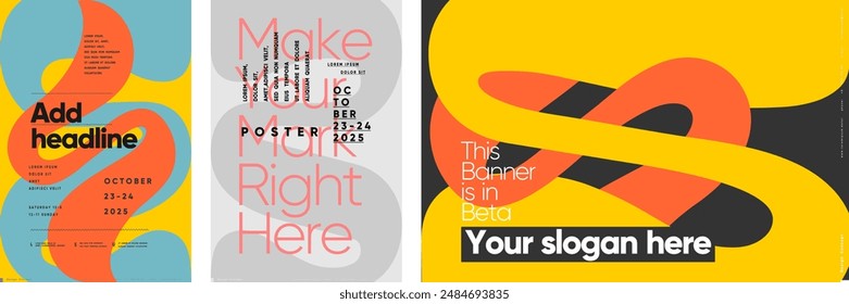 A modern poster set featuring editable headlines and slogans with a vibrant and abstract style. The design integrates bold colors and fluid shapes, ideal for various creative uses like banners