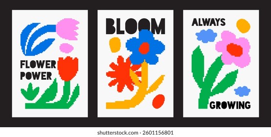 Modern poster set with pixelated flowers. Floral art templates for spring and summer holiday. Abstract floral card for print, wallpaper, clipart, wall art for home decoration