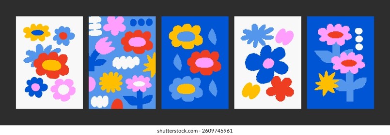 Modern poster set with pixelated flowers. Floral art templates for spring and summer holiday. Abstract floral card for print, wallpaper, clipart, wall art for home decoration