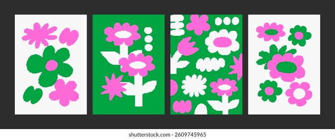 Modern poster set with pixelated flowers. Floral art templates for spring and summer holiday. Abstract floral card for print, wallpaper, clipart, wall art for home decoration