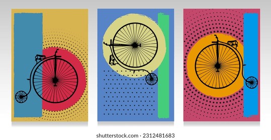 Modern poster set. Steampunk bycicle silhouette on colorful shapes and dots. Wall art design, SSTKabstract background, wall decoration. Illustration of minimalist art. 