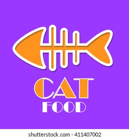 Modern poster with skeleton fish and paper cut effect vector illustration. Cat food creative label.