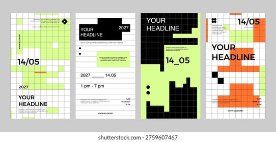 Modern poster and social media template set in a bold geometric grid style. Trendy minimal layouts with bright color blocks, perfect for tech events, marketing, and digital promotions.