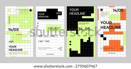 Modern poster and social media template set in a bold geometric grid style. Trendy minimal layouts with bright color blocks, perfect for tech events, marketing, and digital promotions.