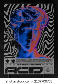 Modern poster of a statue of David, with text "Acid" . In Techno style, stylish print for streetwear, print for t-shirts and hoodies, isolated on black background