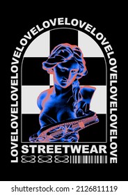 Modern poster of a statue of a girl, with a frame and text "Love". In Techno style, stylish print for streetwear, print for t-shirts and hoodies, isolated on black background