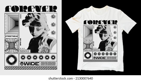 Modern poster with a statue of a girl and with text "Forever". In Techno style, stylish print for streetwear, print for t-shirts and hoodies, isolated on white background