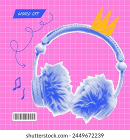 A modern poster in the style of rebellious teenagers. Halftone collage of headphones on checkered pink background. World off.