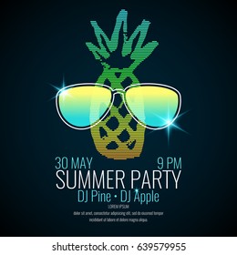 Modern poster summer party with a pineapple wearing sunglasses on a dark background.