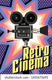 Modern poster template of retro cinema advertising print. Old model cine camera is main object.