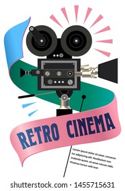 Modern poster template of retro cinema advertising print on white background. Old model cine camera is main object.