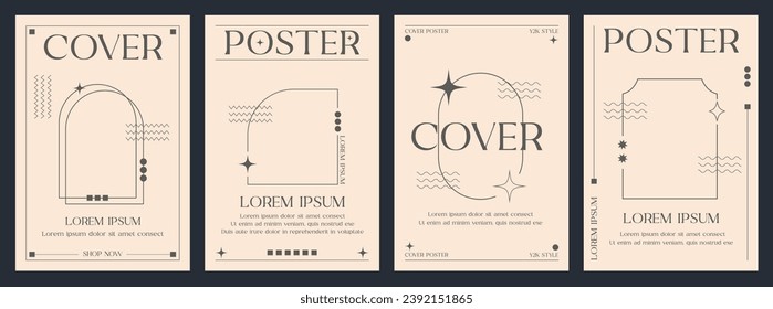 Modern poster template set in Y2K style. Aesthetic and trendy posters with geometric shapes and lines. Minimalistic prints with line elements. Vector illustration for marketing, sales, promotion.