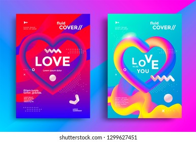 Moderne Plakatvorlagen setzen Design mit kreativen 3D-Herz- und Grafikelementen. Vektorillustration Farbverlauf-Trend-Illustration für Flyer, Cover. Lieblingstag-Hintergrund