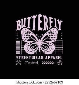 Modern poster with the text butterfly, with butterfly illustration. In Acid style, stylish print for streetwear, print for t-shirts and hoodies, isolated on black background