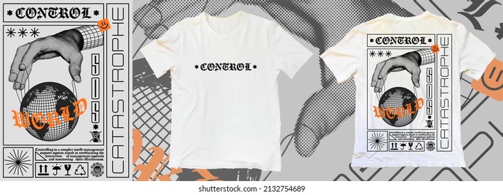 Modern poster with text Control, hand controls planet. In Techno style, print for streetwear, for t-shirts, hoodies, and sweatshirts. Isolated on grey background