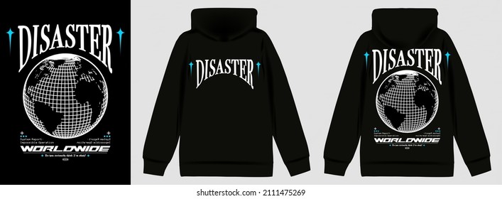 Modern poster with text "Disaster". In Techno style, stylish print for streetwear, print for t-shirts and hoodies, isolated on black background